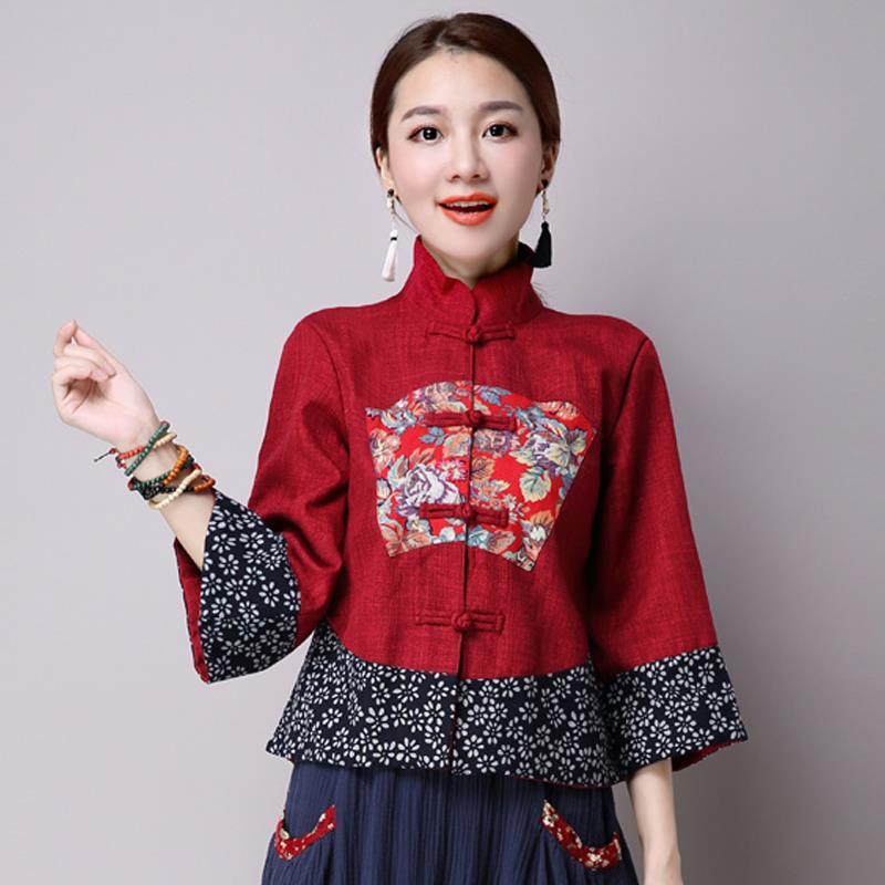 Tang Costum Vrouwen Plus Size Tops 2022 Herfst Katoen Prints Stand Kraag Traditionele Chinese Stijl Skinny Hanfu Shirts Vrouw