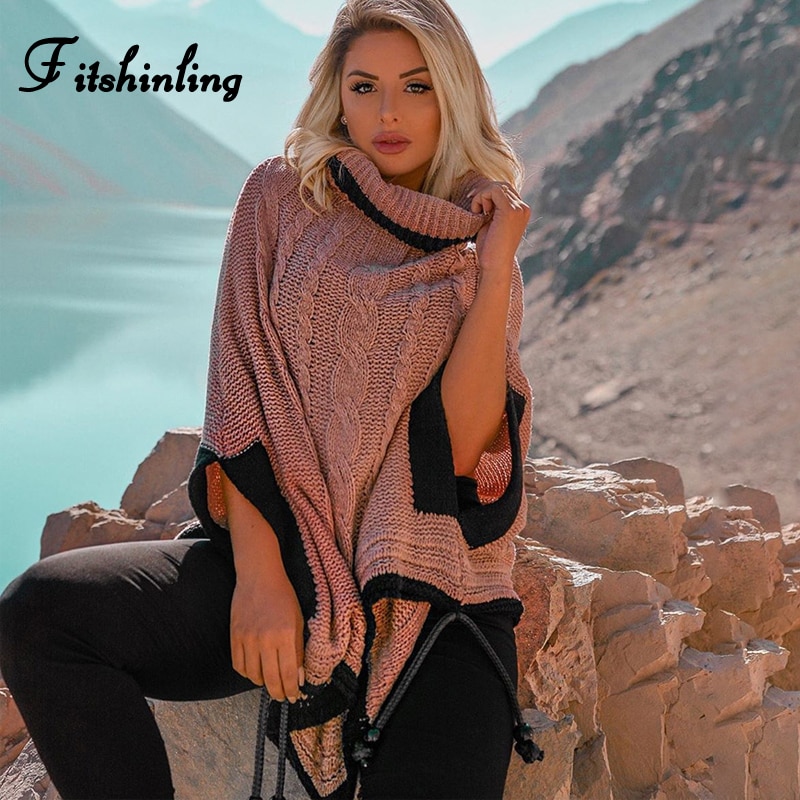 Fitshinling Boho Winter Pink Sweater Poncho Cloak Batwing Sleeve Oversize Women Sweaters Pullover Turtleneck Knitted Jumper