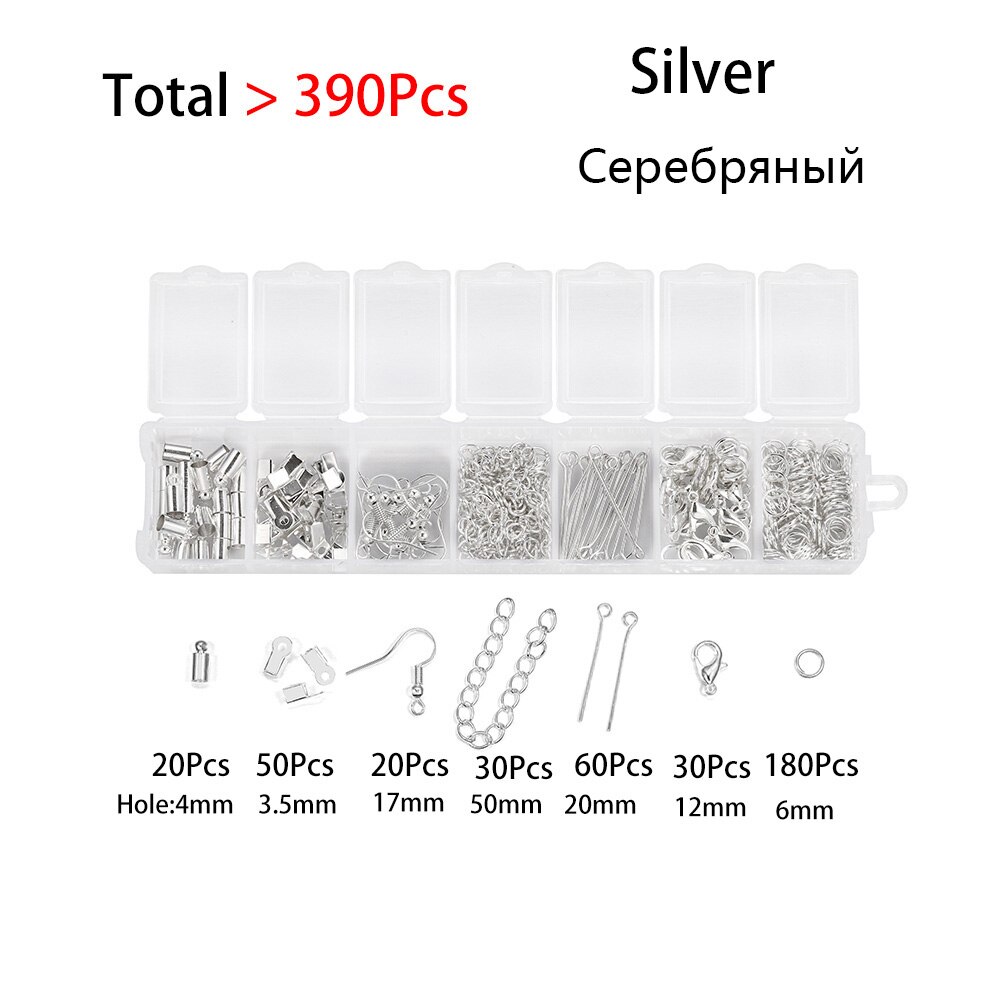 390PCS/Set Earrings Hook Jump Ring Eye Headpins Lobster Clasp DIY For Necklace Chain Jewelry Making kits Finding Supplies sets: Silver