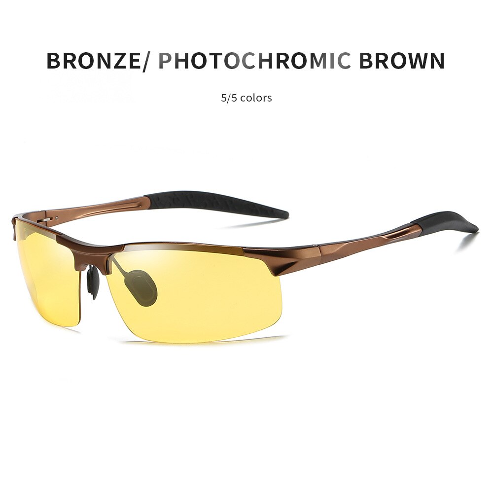 Herre aluminiums sports polariserede fotokromiske briller til kørsel dag nattsyn anti blænding gul til brun overgangs linse 5933: Bronzeegulbrun