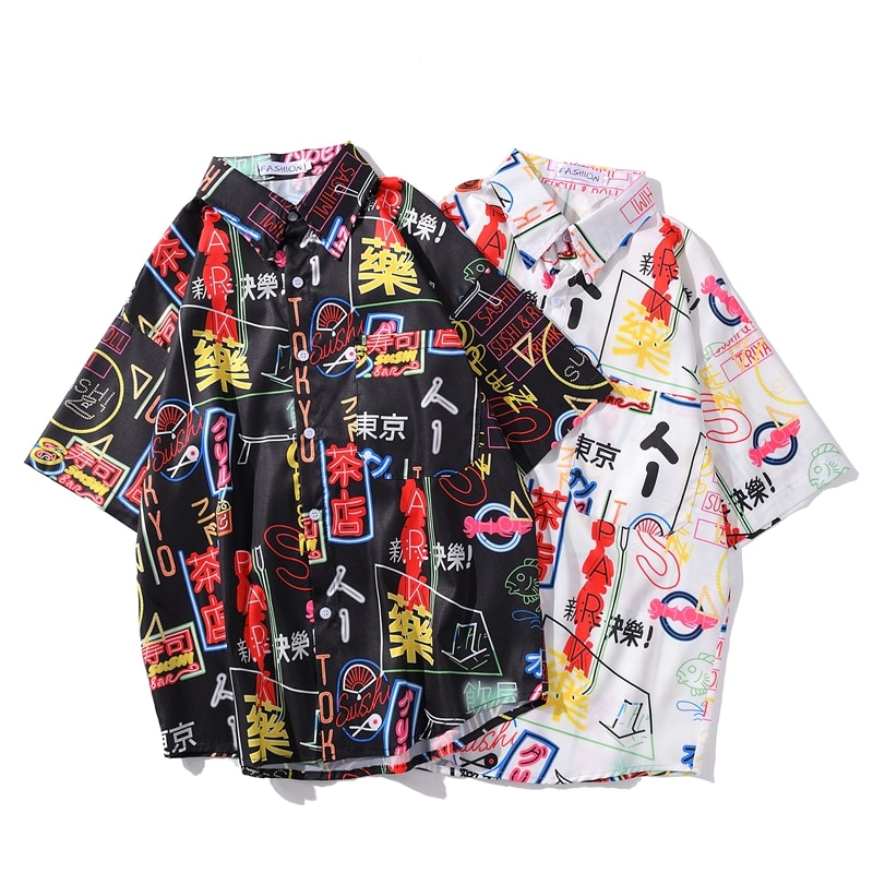 Chemise d'été élément chinois imprimé de plage homme, Graffiti, chemise hawaïenne pour homme et femme, chemise noire et blanche, décontracté