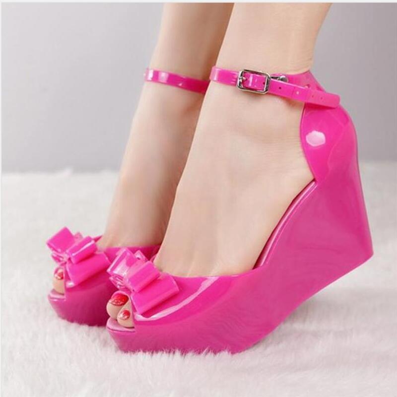 Women Summer Shoes Woman Jelly Sandals Peep toe Wedges High Heeled Sandals Bowtie Buckle Pink Black Blue Apricot