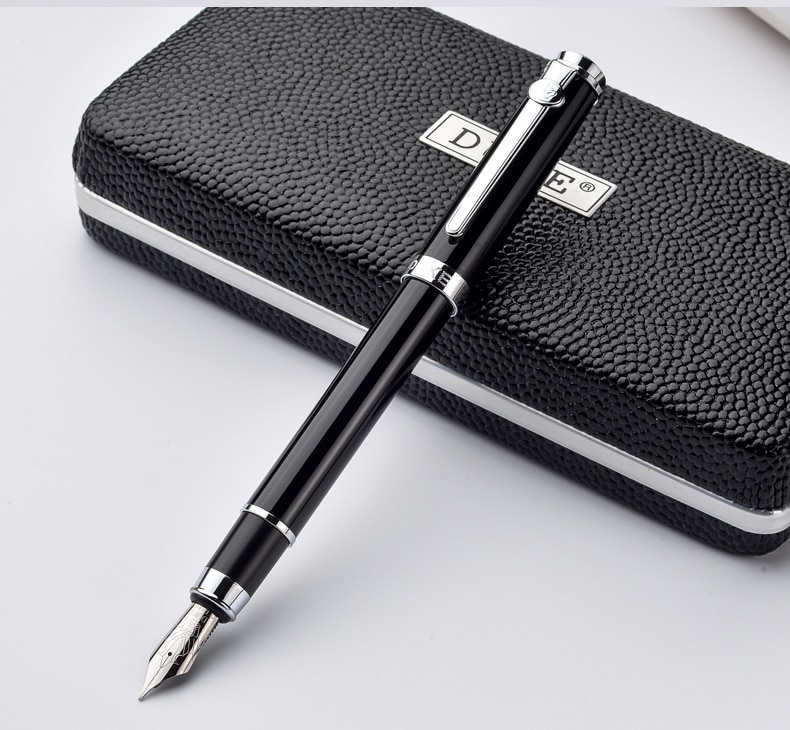 Duke Carbon Fiber Series Luxury Black and Silver Clip Fountain Pen 0.5mm Metal Ink Pens with Original Case