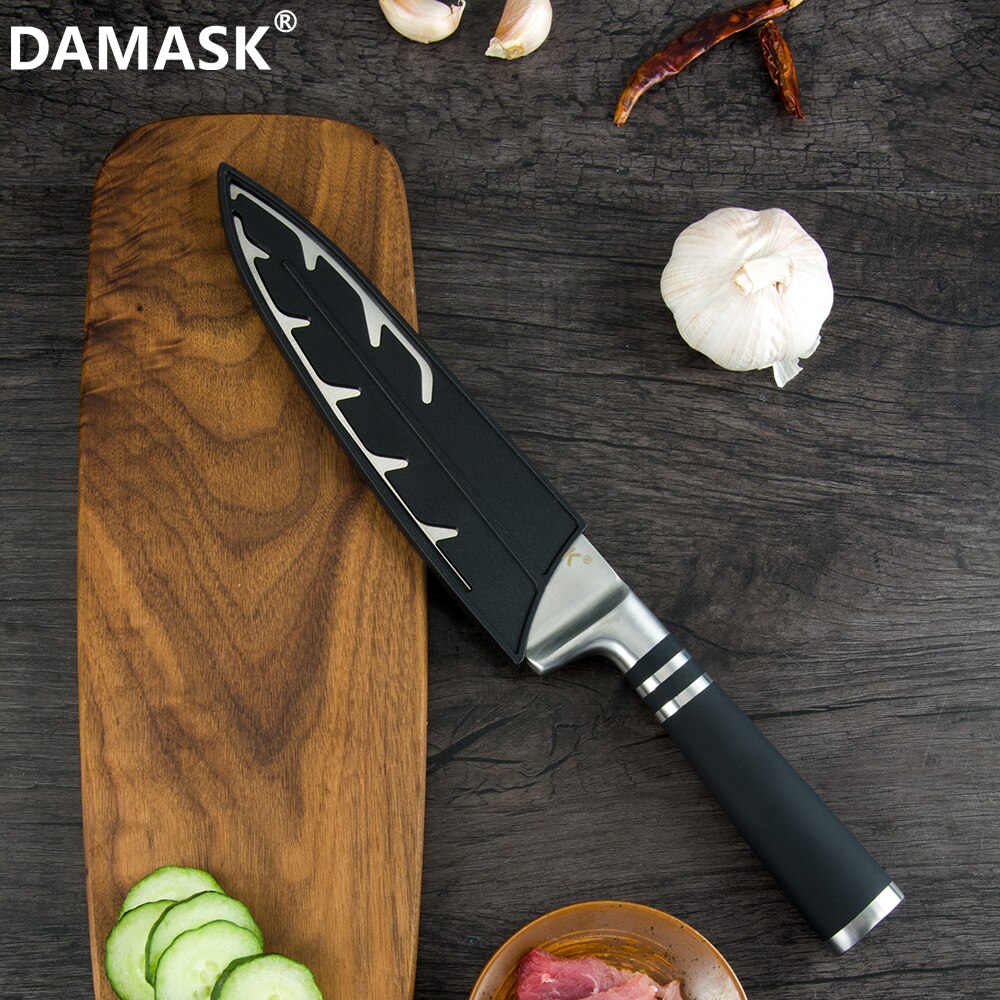Damask mærke 3 cr 14 rustfrit stål køkkenknive sæt 430 greb knive med gratis knive dæksler