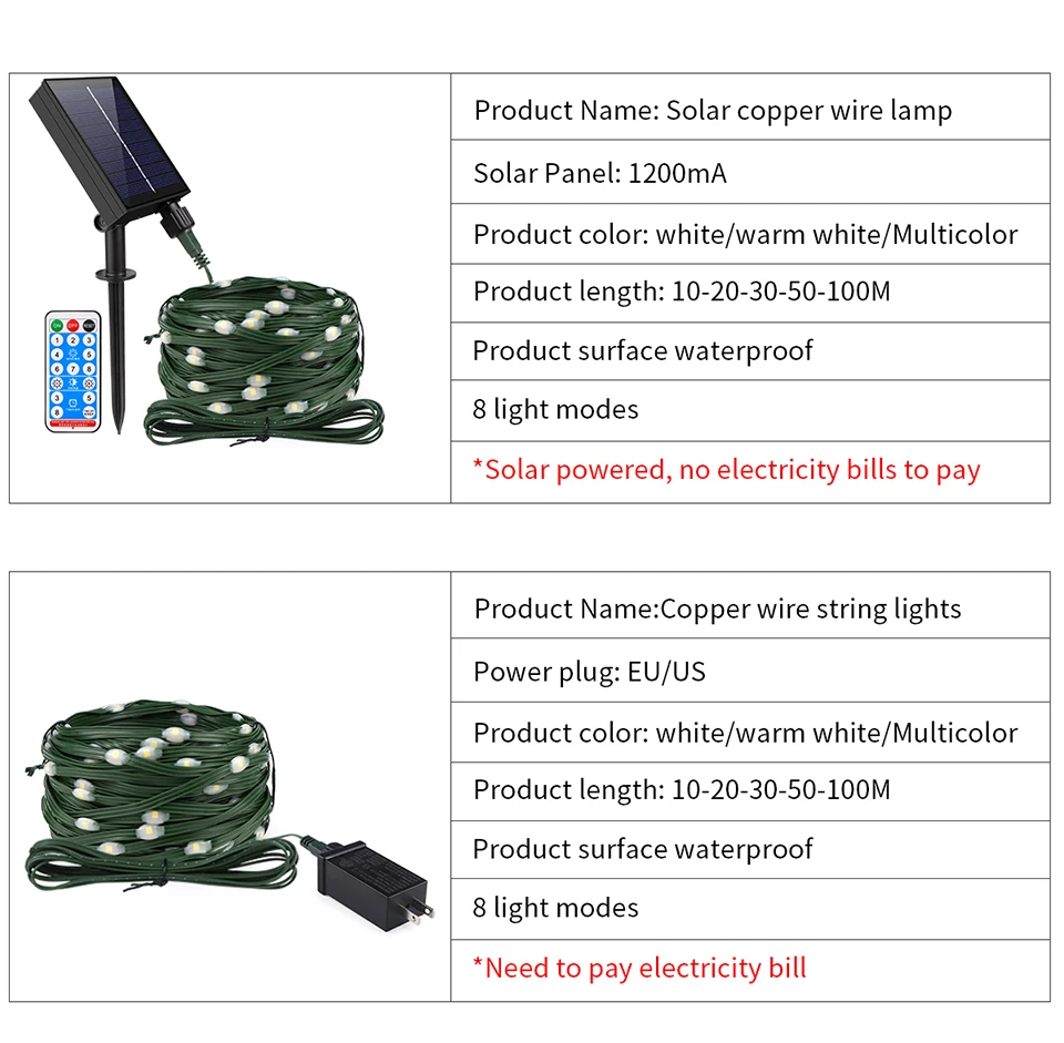 8 standen voor led-lichtsnoeren van leer voor buiten: sprankelende verlichting met een 1200 mah-batterij, zonnepaneel of netstroom, ideaal voor kerstfeestdecoratie.
