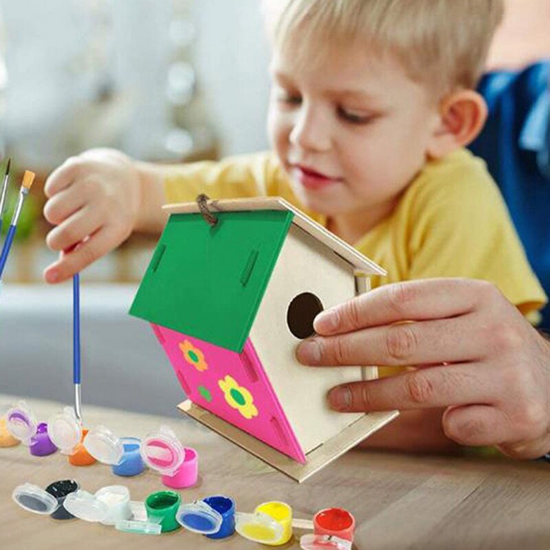 1 Pc Diy Mini Houten Vogel Huis Schilderen Borstel Kleurrijke Pigment Speelgoed Voor Kinderen
