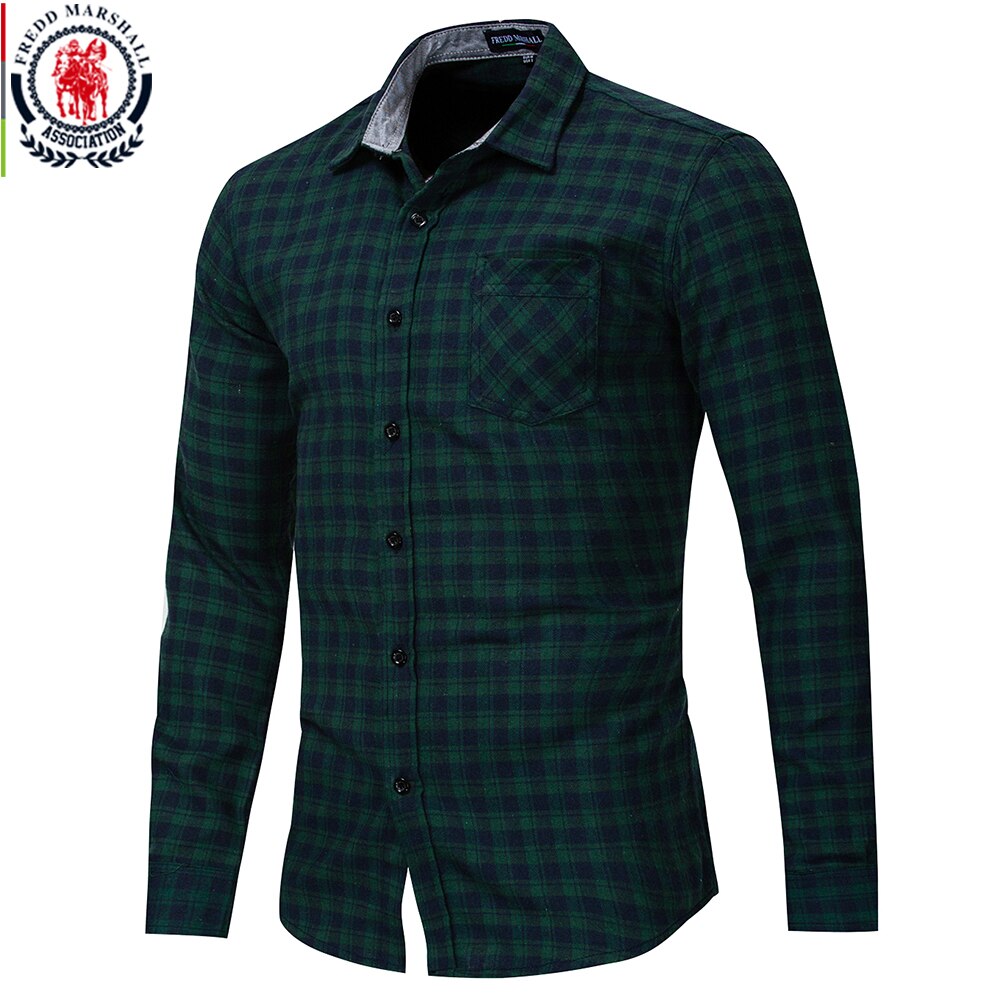 Fredd Marshall Autumn Long Sleeve Casual Plaid Shirt Men Cotton Button Down Regular Dress Shirts Male Brand Clothes 170