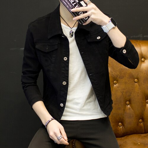 Chaqueta vaquera ajustada para hombre, chaqueta vaquera ajustada a la , de bolsillo, clásica, color blanco y negro, para primavera y otoño,: black / XXXL
