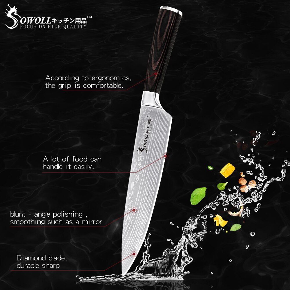 Sowoll Stainless Steel Cooking Knife Damascus Pattern Blade Chef Slicing Santoku Utility Paring Knife Camping Cooking Tools
