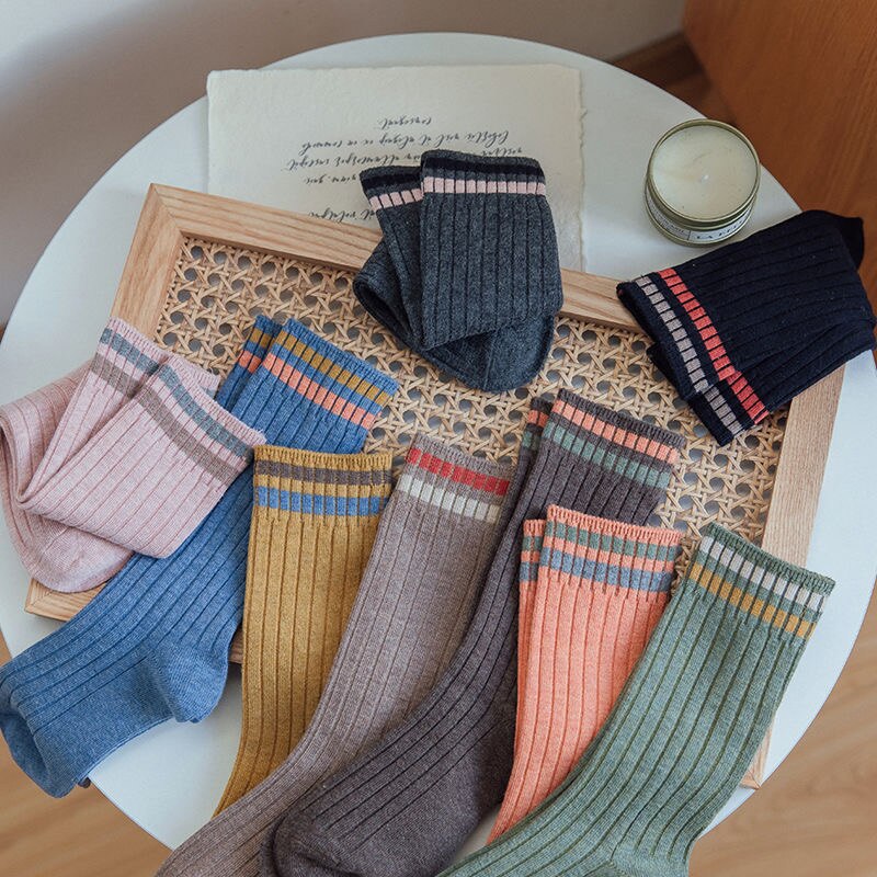 Chaussettes Vintage en coton pour femmes, longues, amples, solides, tricotées, rayées, respirantes, collection printemps-automne