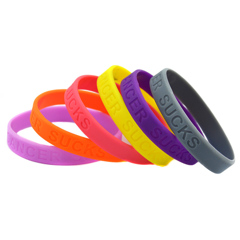 PBR162(10), &quot;Kanker Zuigt&quot; Print Roze/Paars/Geel/Oranje/Grijs Lint Cancer Awareness Polsband Silicone Rubber armbanden