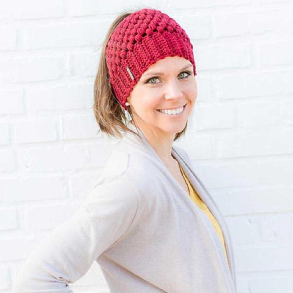 Kvinder vinter strik hatte damer pige stretch strik hat med tag rodet bolle hestehale beanie holey varme hatte kasketter