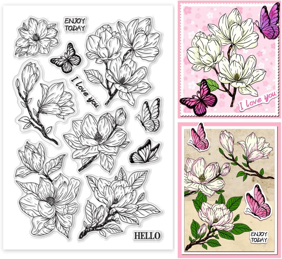 Magnoliablomma genomskinlig stämpel blommor silikonstämpel fjäril genomskinliga gummistämplar sigillstämplar för gör-det-själv korttillverkning dekor: Default Title