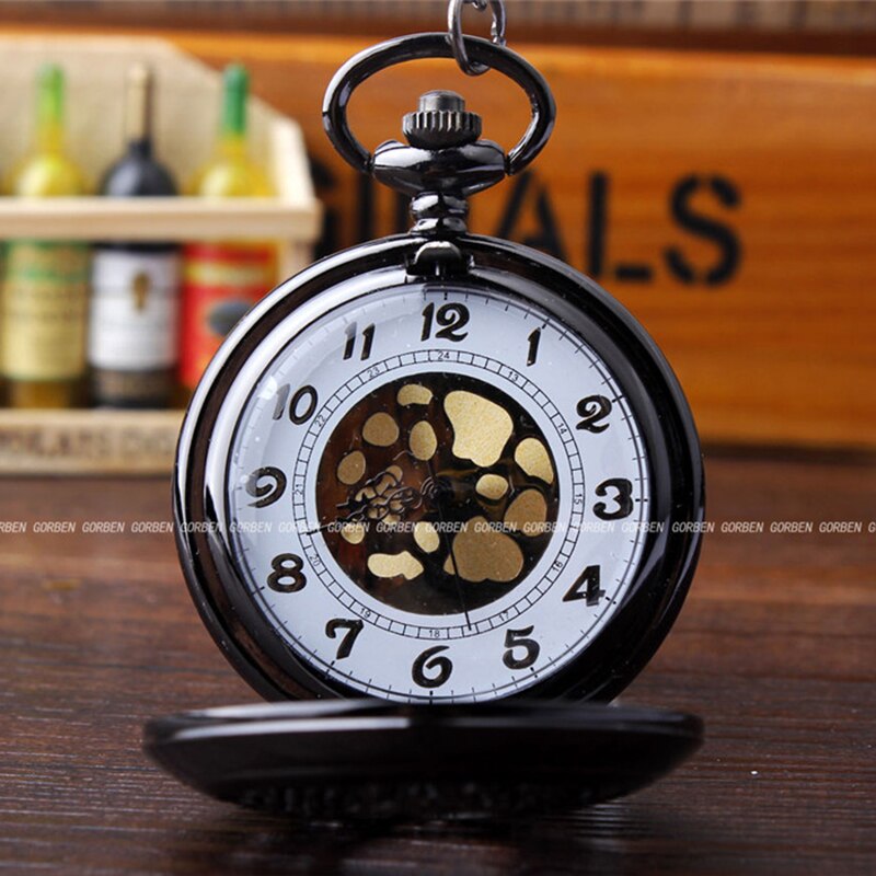 Gorben Pocket Watch Black Retro Round Hollow Quartz Pocket Watch Antique Men Women Pocket Watch With Necklace Pendant