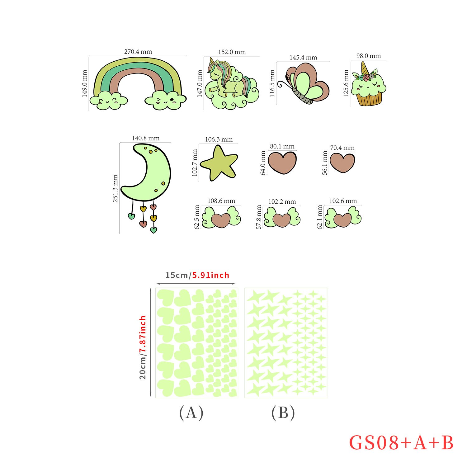 Cartoon Luminous Wall Stickers Home Decor Kawaii Moon Star Animal Wallpaper Kids Room Mural Nursery Poster Bedroom Decoration: GS-08 set