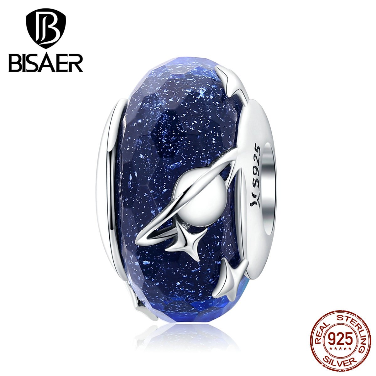 European Glass Beads BISAER 925 Sterling Silver Star Planet Glass Beads Charms fit Bracelets Bangles Silver 925 Jewelry ECC1284