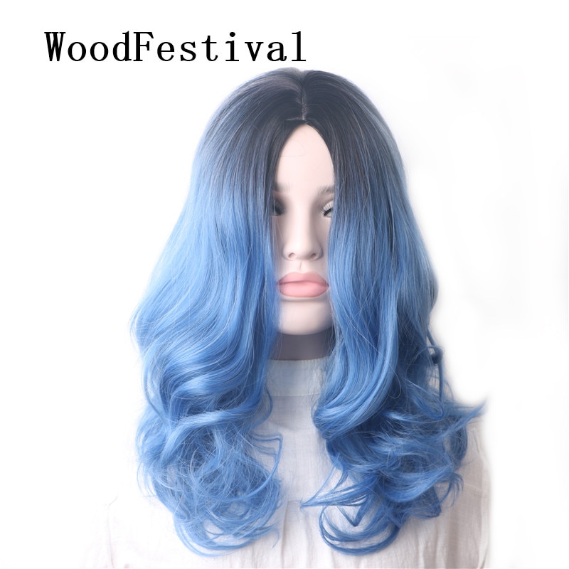 Woodfestival Womens Hittebestendige Cosplay Pruik Krullend Synthetisch Haar Pruiken Voor Vrouwen Medium Lengte Regenboog Blauw Ombre Kleur
