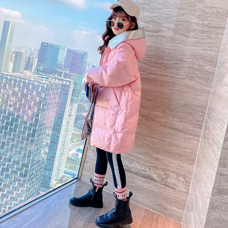 Teenage Meisjes Winter Mid-Lengte Jas Koreaanse Stijl Kinderen Patchwork Kleding Mode Kids Meisjes Casual Jas, #9237: Roze / 8