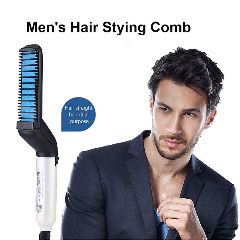 Skjegg rettetang for menn kam rask hårstyler multifunksjonell hårkam krøllejern magisk massasje kam skjegg