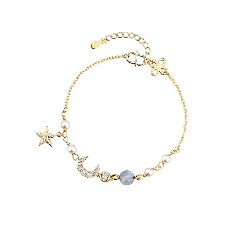 ANENJERY lune étoile Imitationn perle Bracelet à breloques 925 argent Sterling dégradé pierre de lune Zircon Bracelet pour les femmes S-B304: Moonstone-Gold