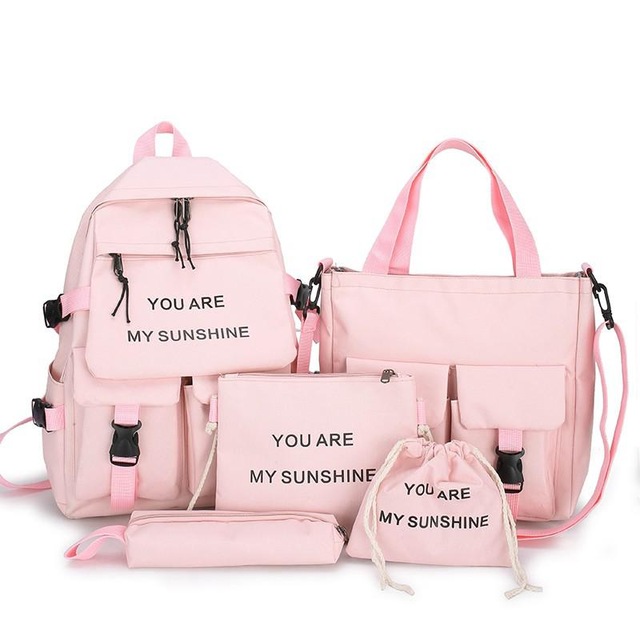 5 Delige Set Kawaii Schooltassen Voor Tienermeisjes Vrouwen Rugzak Canvas Travel Back Pack Student Notebook Bookbags Schooltassen: pink