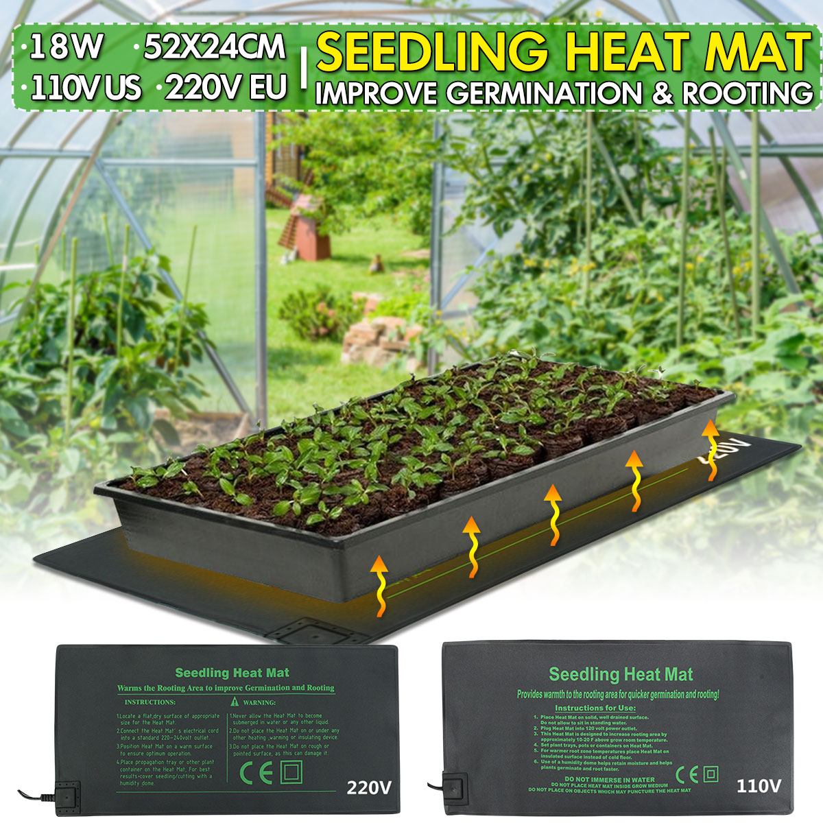 24 x 52cm 110v/220v frøplanter varmemåtte plantespiringsudbredelse klon startplanter opvarmning varm pude varmemåtte