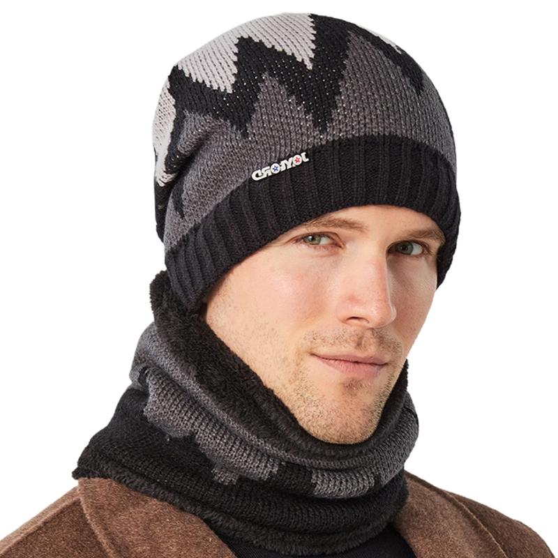 2Pcs Men Winter Flame Pattern Knitted Beanie Hat Circle Scarf Set Outdoor Cycling Windproof Thicken Plush Lined Skull Cap H05D: Black