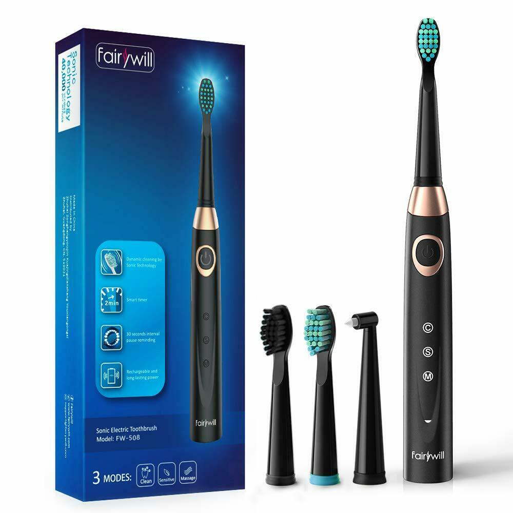 Fairywill Sonic brosse à dents électrique adulte USB Rechargeable étanche 5 minuterie intelligente 3 têtes de brosse à dents de remplacement FW508: FW-ET508Black-3M