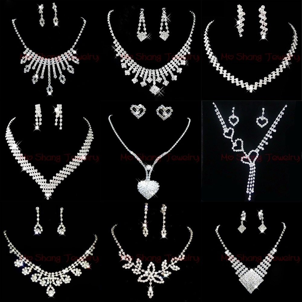 Rhinestone Crystal Silver Color Choker Necklace &amp; Earrings for Women Rhinestone Statement Bridal Wedding Jewelry Sets