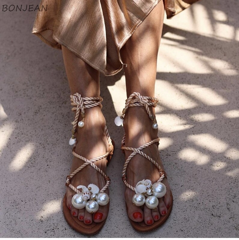 Women cross lace up sandals with pearl flip flop women Pearl flat Sandals Beach Party Dress shoes summer Roman Flat