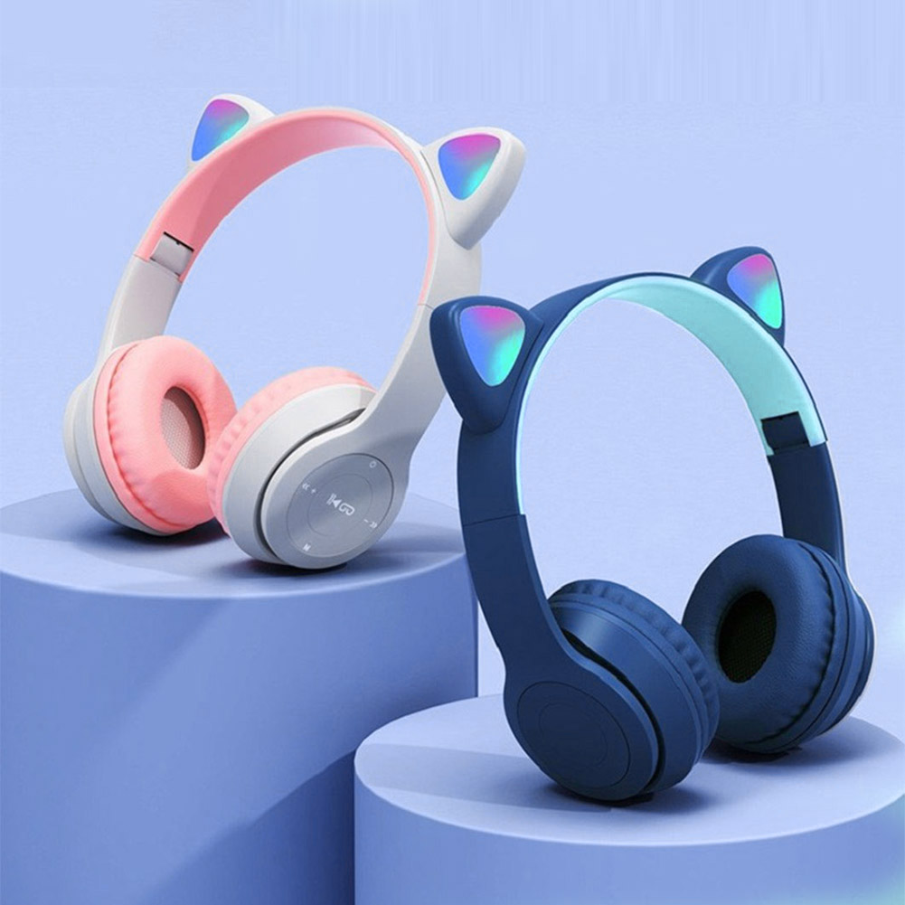 Trådlösa spelhörlurar med kattöra, lysande ljus, bluetooth-kompatibla hjälmar, stereobas, over-ear-headset för pc och telefon