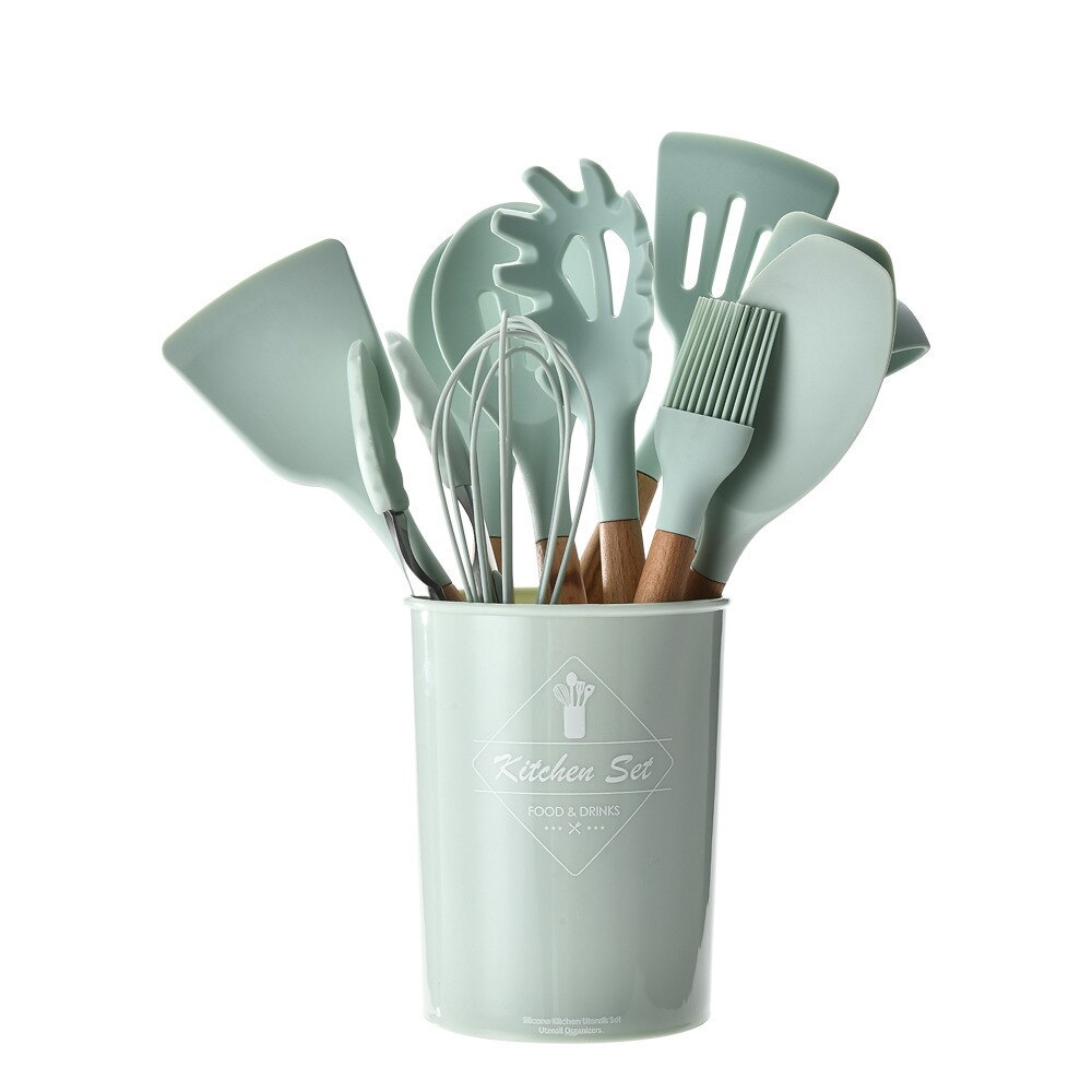 Juego de Utensilios de Silicona para la Cocina, Instrumentos para Cocinar, Espátula y Pala Antiadherente, Accesorio con Mango de Madera, con Recipiente de Almacenamiento