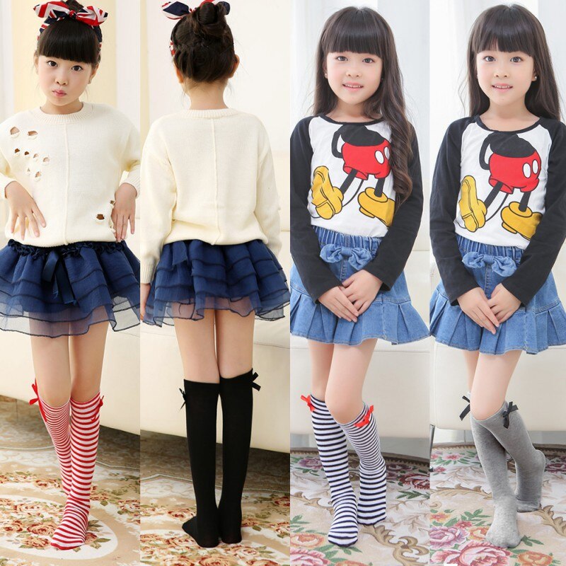 Karikatur Baumwolle Baby freundlicher Mädchen Strumpf Kleinkinder Knie Hohe Socken Strumpfhosen Bogen Warme Blumen- Strumpf