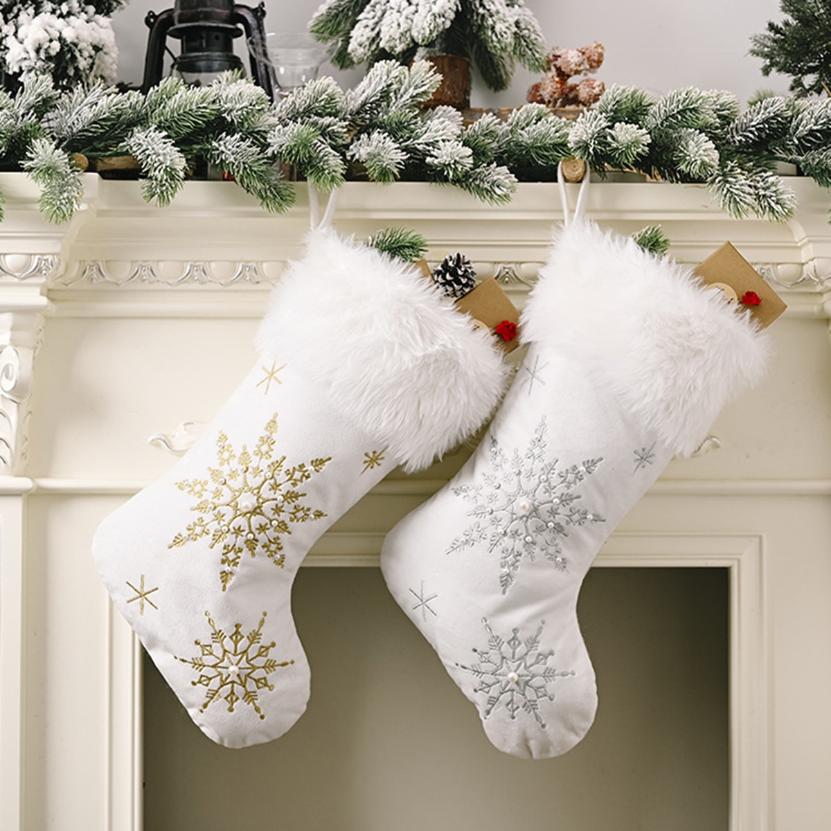 Flanel Parel Sneeuwvlok Kerst Kousen Candy Bag Xmas Sokken Kerstboom Opknoping Ornament Decoratie