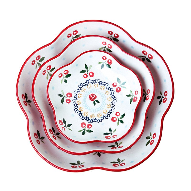 Ceramic dinner plates Hand-Painted Plate Cherry Lace Ceramic Service Plate Household Dish Fruit Salad Dish Snack Flower CakeTray