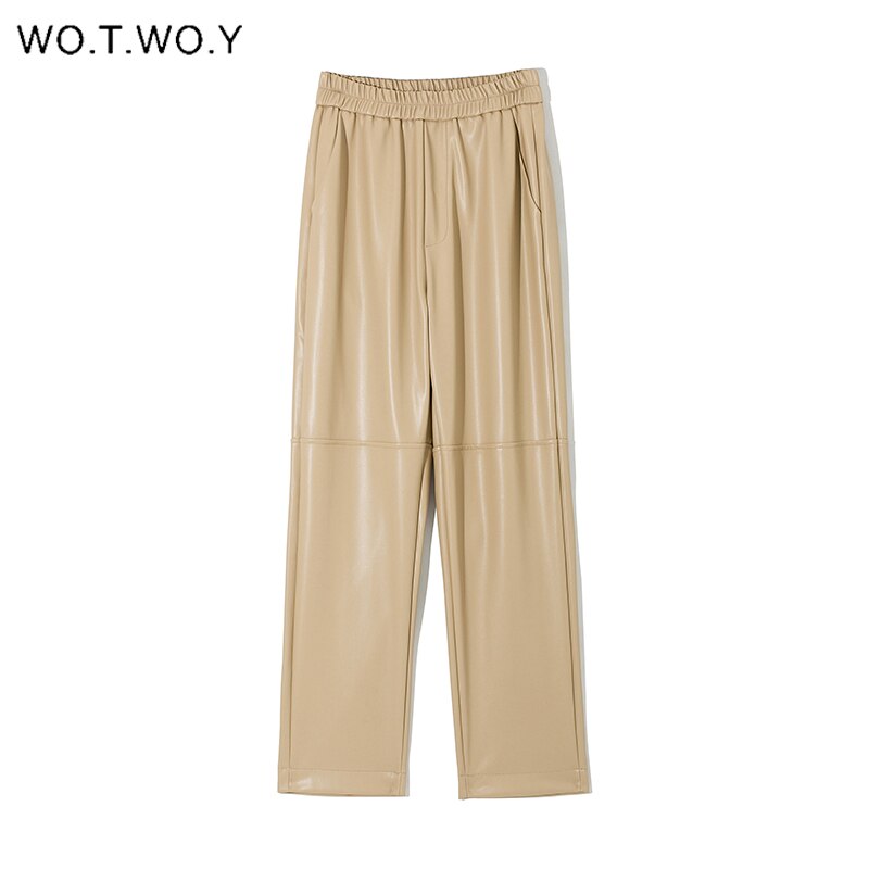 Wotwoy elastisk hög midja fleece raka skinnbyxor kvinnor löst lapptäcke konstläder byxa kvinnor fickor mujer pantalone: P20170- aprikos / L