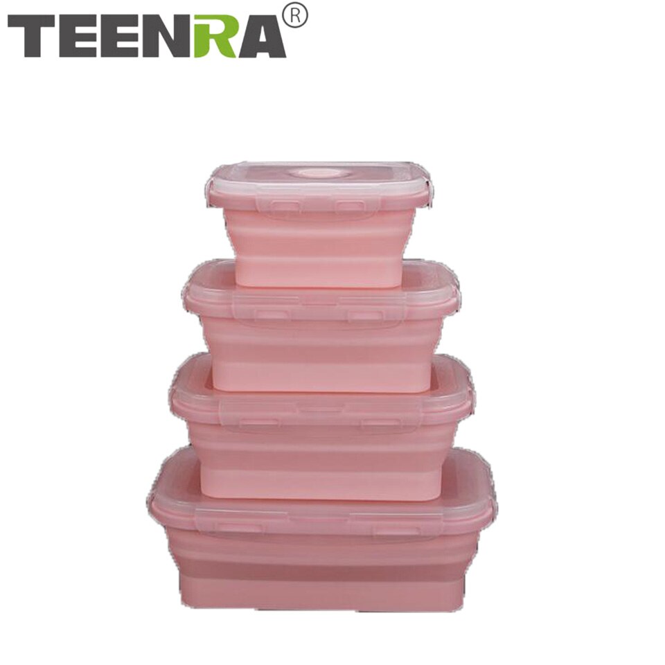 TEENRA Silicone Collapsible Lunch Box Set Silicone Food Container Storage folding Food Bento Lunch Box Microwave Dishwasher Safe: Pink 4pcs