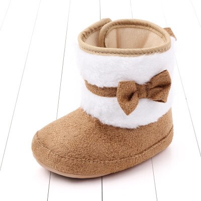 first walker toddler shoes winter baby girl warm boots for girl non-slip bowknot 1 year newborn infant shoes fuzzy: Khaki / 13