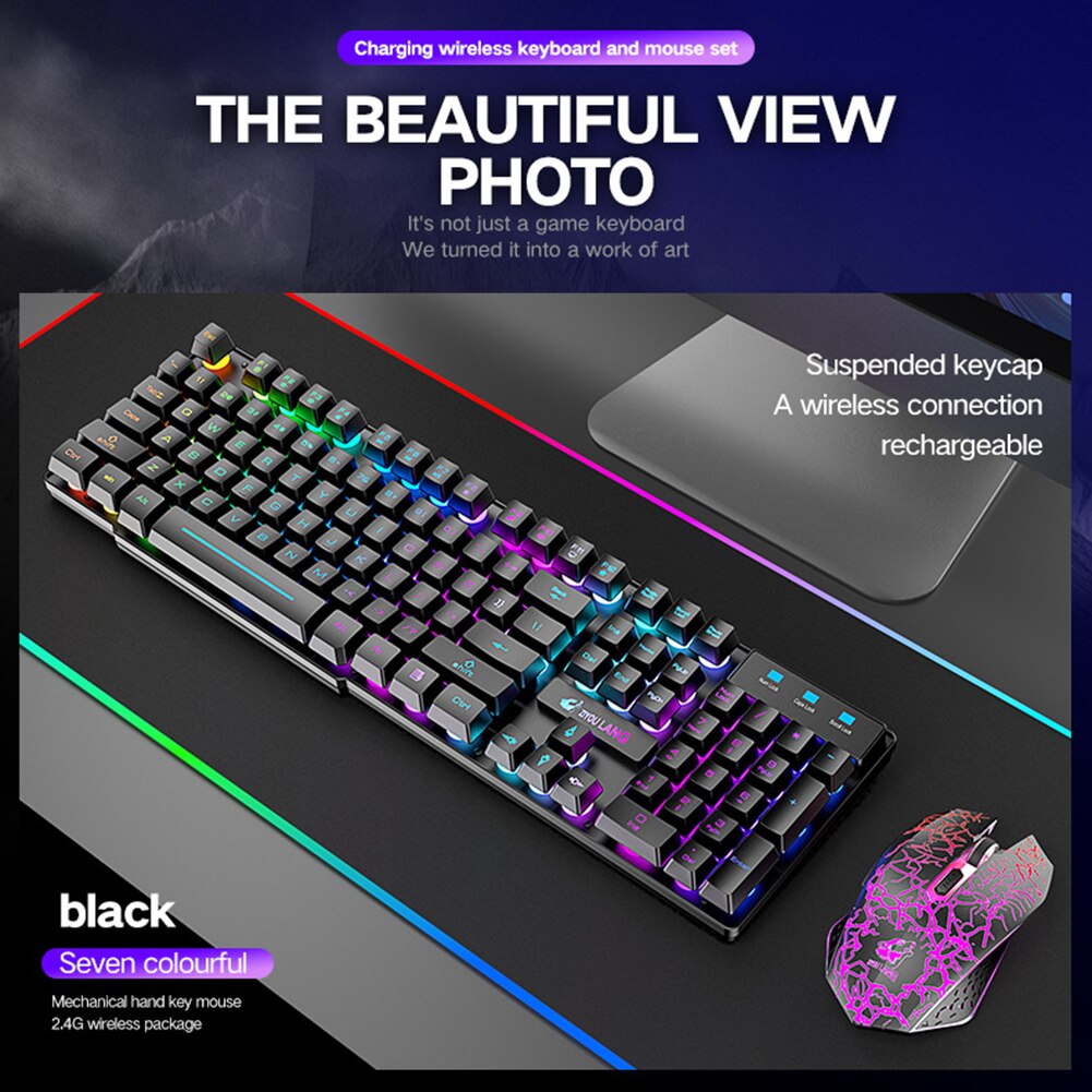T3 Wireless Rechargeable Colorful Light Gaming Keyboard Mouse Set for Laptops