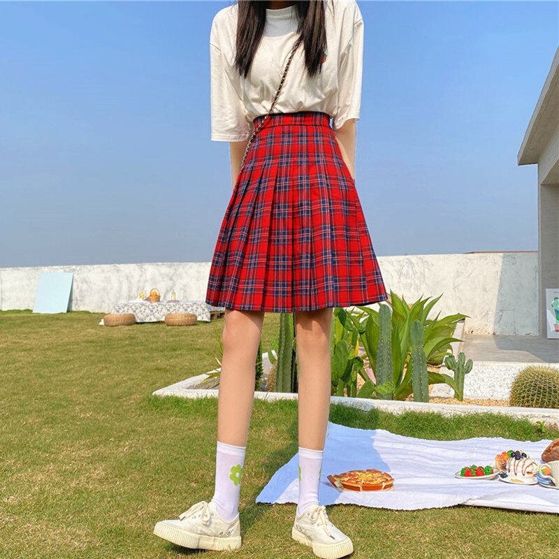 Qiukichon – jupe plissée rouge à carreaux pour femmes, style anglais Preppy, taille haute, élastique, grande taille, printemps été