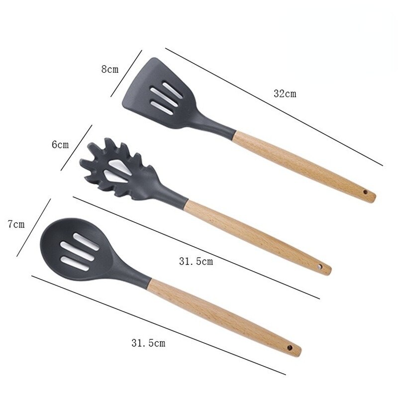 Silicone Cooking Utensil Set Wooden Handle Spatula Soup Spoon Brush Ladle Pasta Colander Non stick Cookware Kitchen Tools