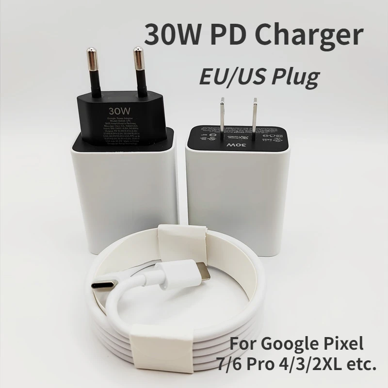 Cargador USB-C rápido PD de 30W para Google Pixel 9A 8A 7A 6A 5 Adaptador de carga de pared Compatible con dispositivos USB-C Cable USB C a C de 1M