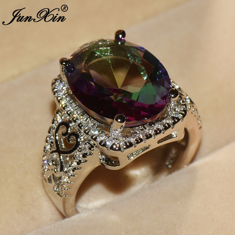 Luxe Vrouwelijke Grote Rainbow Ovale Ring Leuke Cz Steen Ring Mode-sieraden Vintage Trouwringen Voor Vrouwen