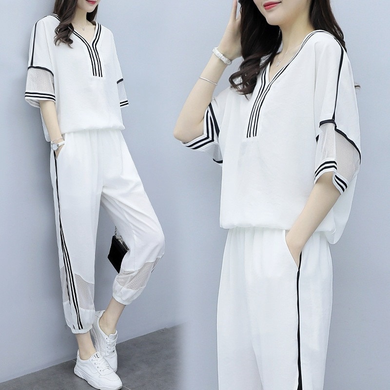 Summer White Casual Sports Suit Female Korean Loose Slimming Two Sets of Tide Summer Suits for Women Set Plus Size S-3XL