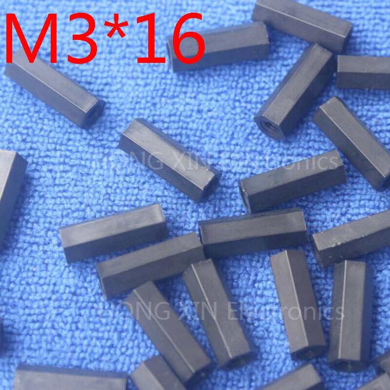 M3*16 sorte 100 stk nylon 16mm sekskant hun-hun afstandsstykke gevind sekskant afstandsstykke plast afstandsstykke høj-