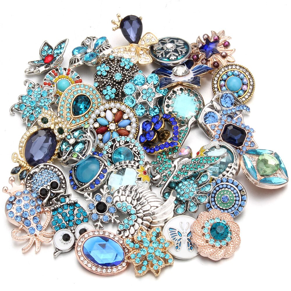 10 pz/lotto all'ingrosso Snap gioielli MIX metallo scatta strass fiore 18mm bottoni a pressione misura in pelle Snap braccialetto del braccialetto: gold-silver (Blue)