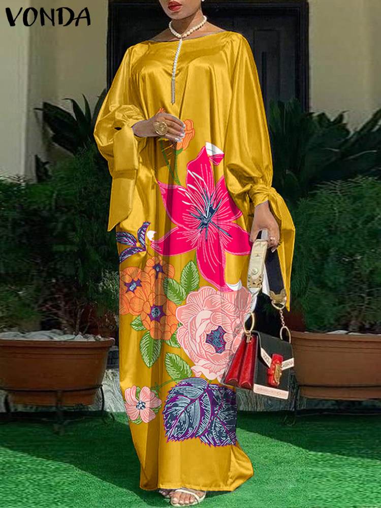 VONDA Bohemian Maxi Sundress Women Floral Printed Satin Silk Dress Autumn Casual Loose Long Sleeve Party Robe Femme: M / Yellow