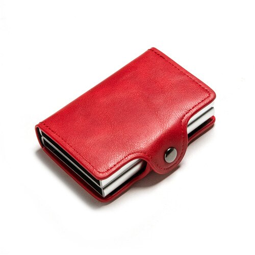 Rfid Blocking Bescherming Leather Wallet Id Credit Card Houder Met 2 Metalen Aluminium Business Bank Card Case Voor 14 Kaarten: Red