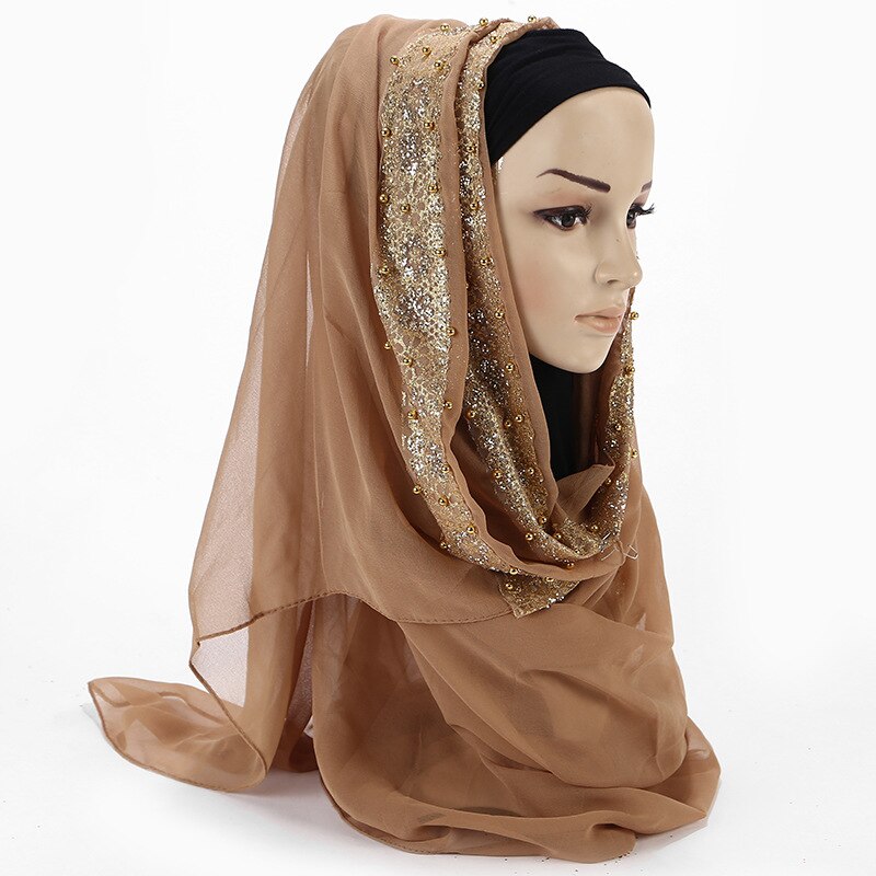 Moslim vrouwen hijab sjaal effen chiffon parel hoofddoek met diamant elegante dame Islamitische foulard sjaals en wraps hoofd sjaals