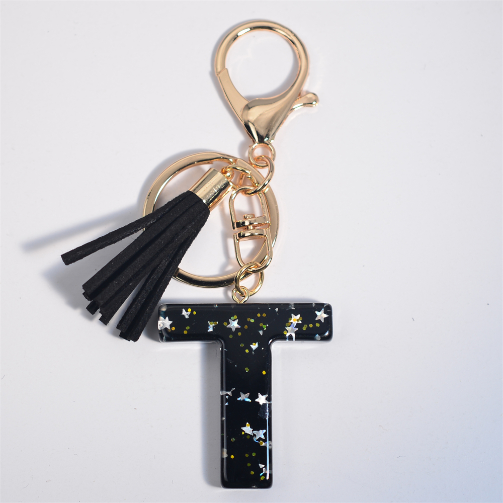 Schwarze Initialen A-Z Schlüsselanhänger Glitzer Stern Pailletten Harz Buchstaben Schlüsselanhänger mit Quaste für Frauen Tasche Ornamente Charm Autoschlüsselhalter: Rose Red